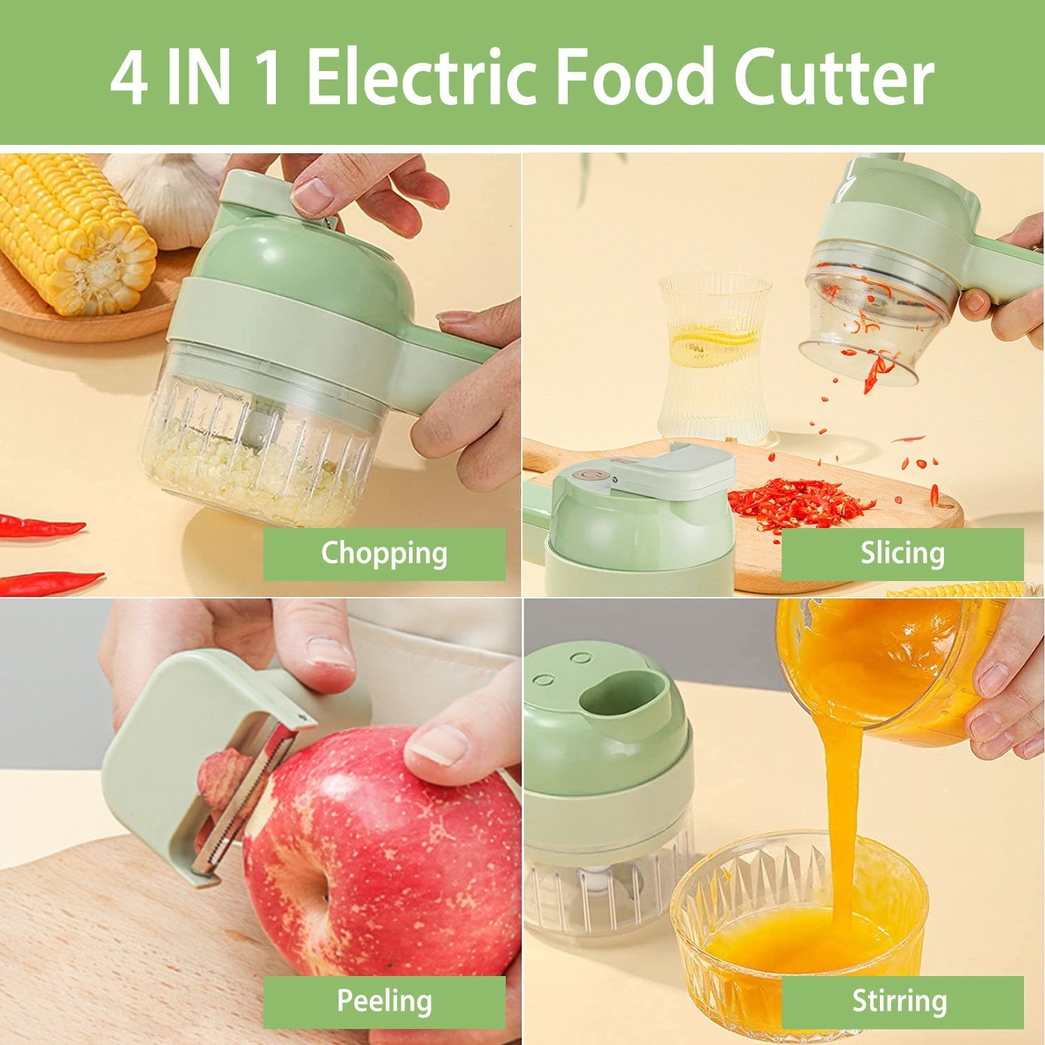 1 Set 4 In 1 Handheld Electric Vegetable Cutter Mini Food Fruit Chopper Grinder Slicer Dicer Garlic Meat Ginger Mud Masher Rechargeable Food Processor